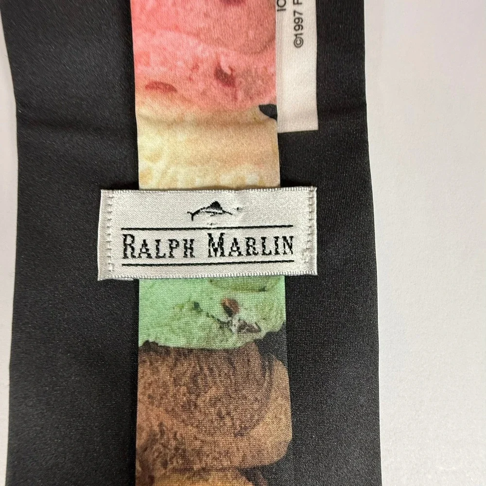 Vintage 1997 Ralph Marlin Ice Cream Novelty Tie USA Dessert Scoops Black Necktie
